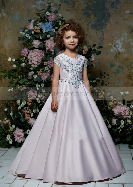 Beaded Lace Satin Illusion Back Flower Girl Dress